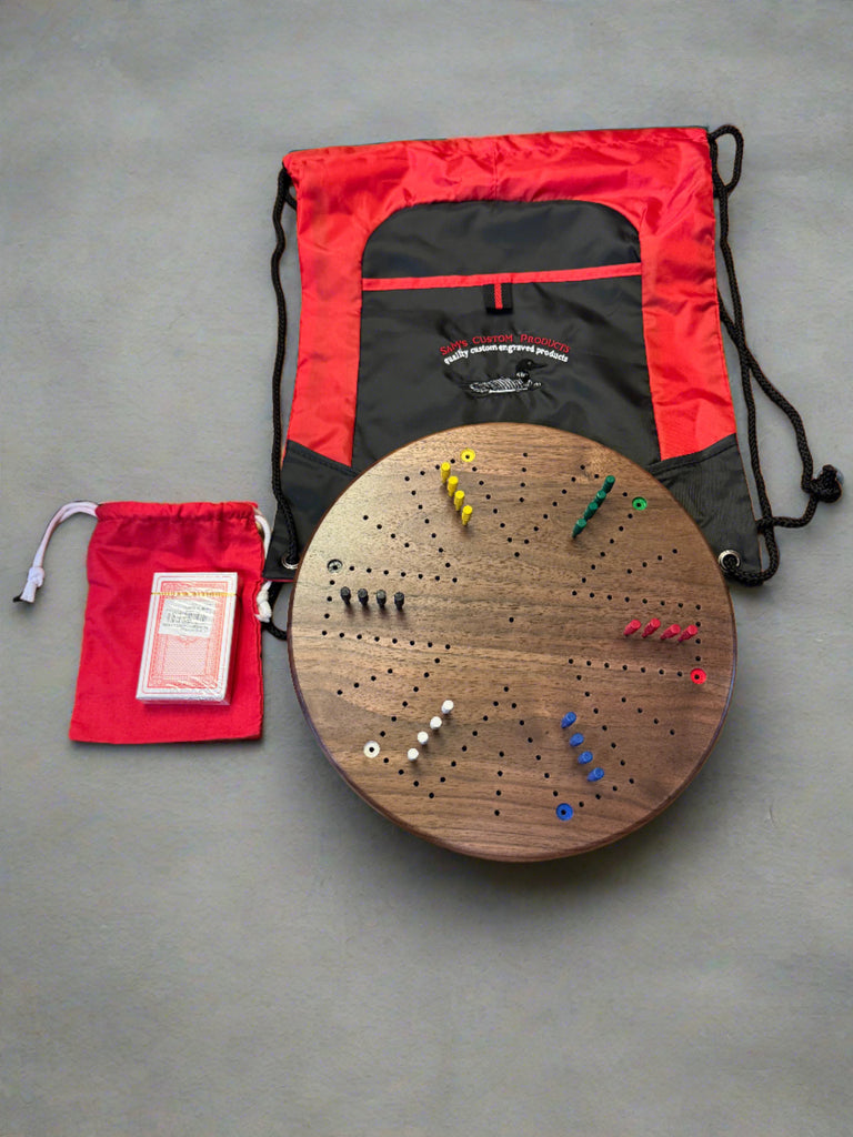 12" Round walnut 4/6 player Travel Cards N Marbles with cribbage pegs