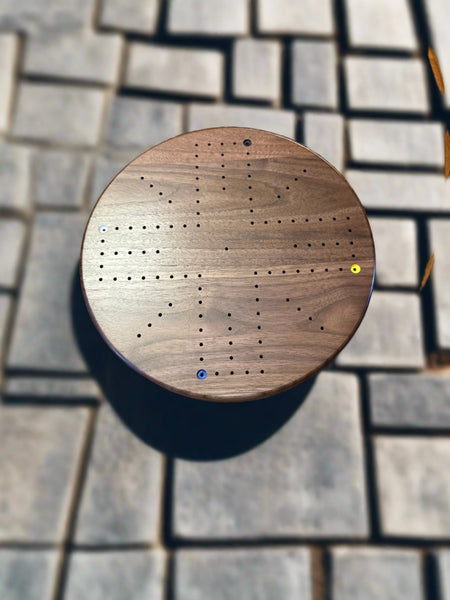 12" Round walnut 4/6 player Travel Cards N Marbles with cribbage pegs